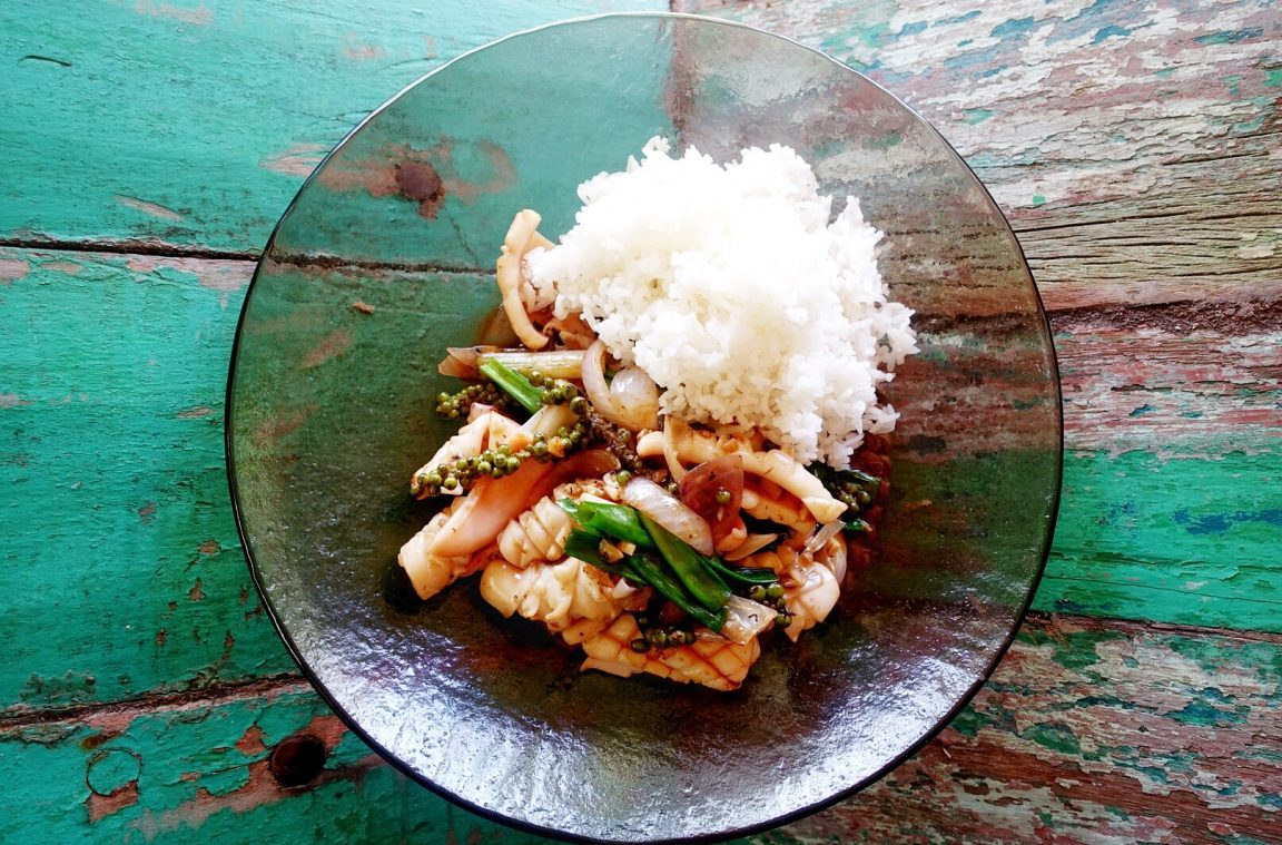 StirFried Squid with Kampot Green Peppercorns Faim Fatale